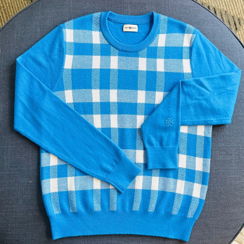 Tory Sport Blue Plaid Knit Sweater Size Small Preppy Chic Golfcore